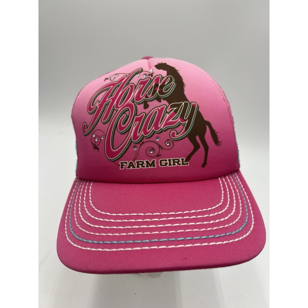 Farm Girl Horse Crazy Pink Mesh Trucker Hat Horse Rhinestone Snapback NWT